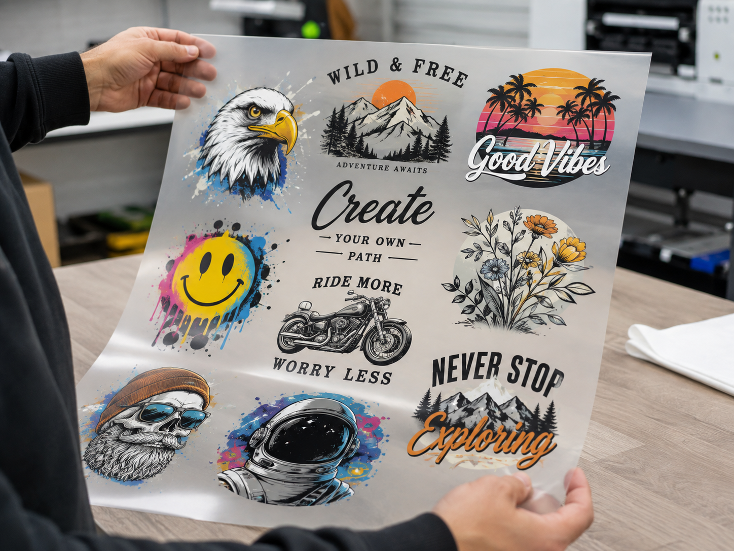 Colorful custom DTF gang sheet held inside a professional print shop