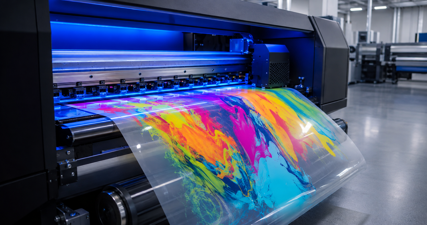 Commercial DTF printer producing a colorful transfer film