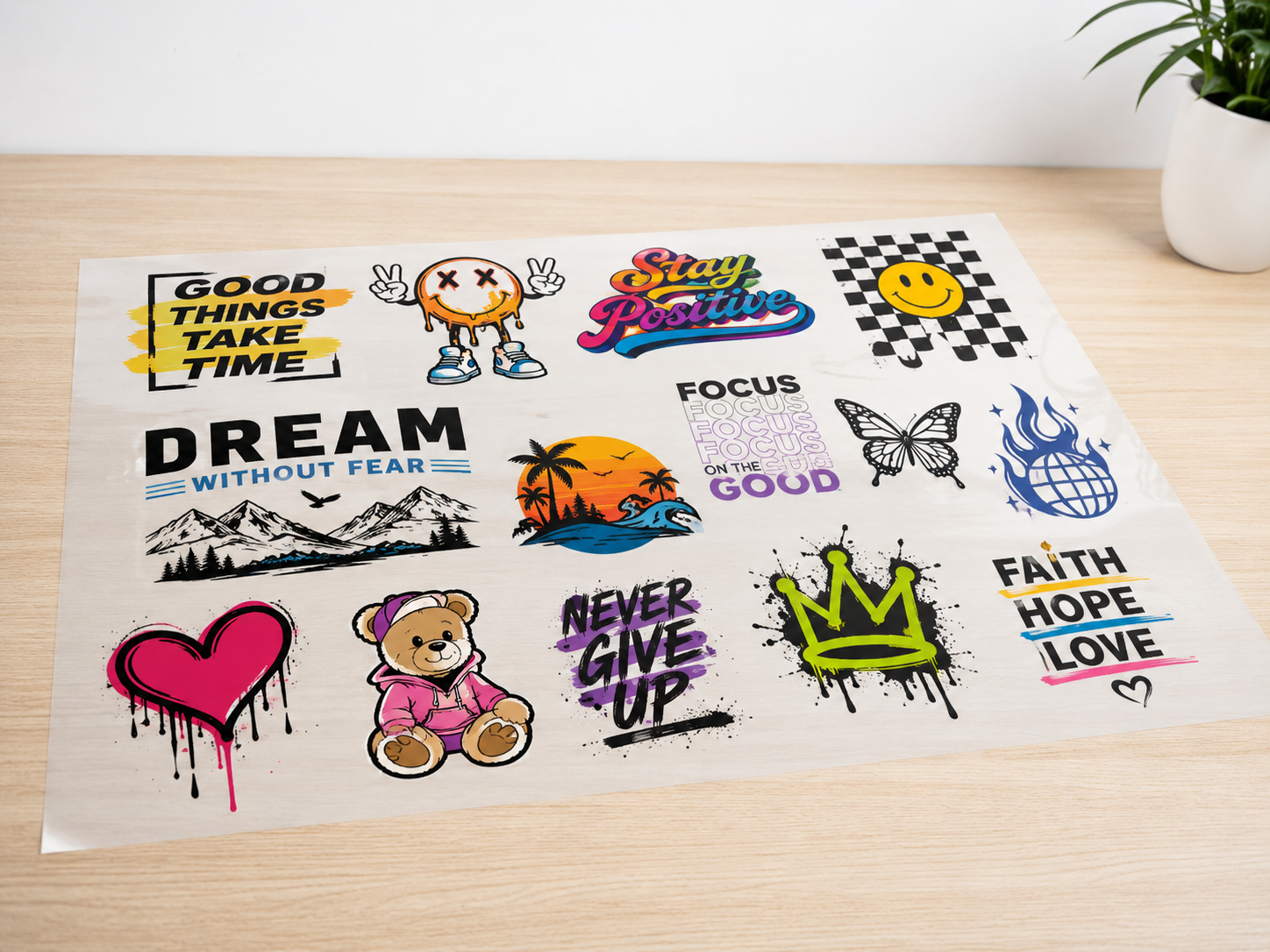 Colorful DTF gang sheet showing a wide range of vivid printed colors