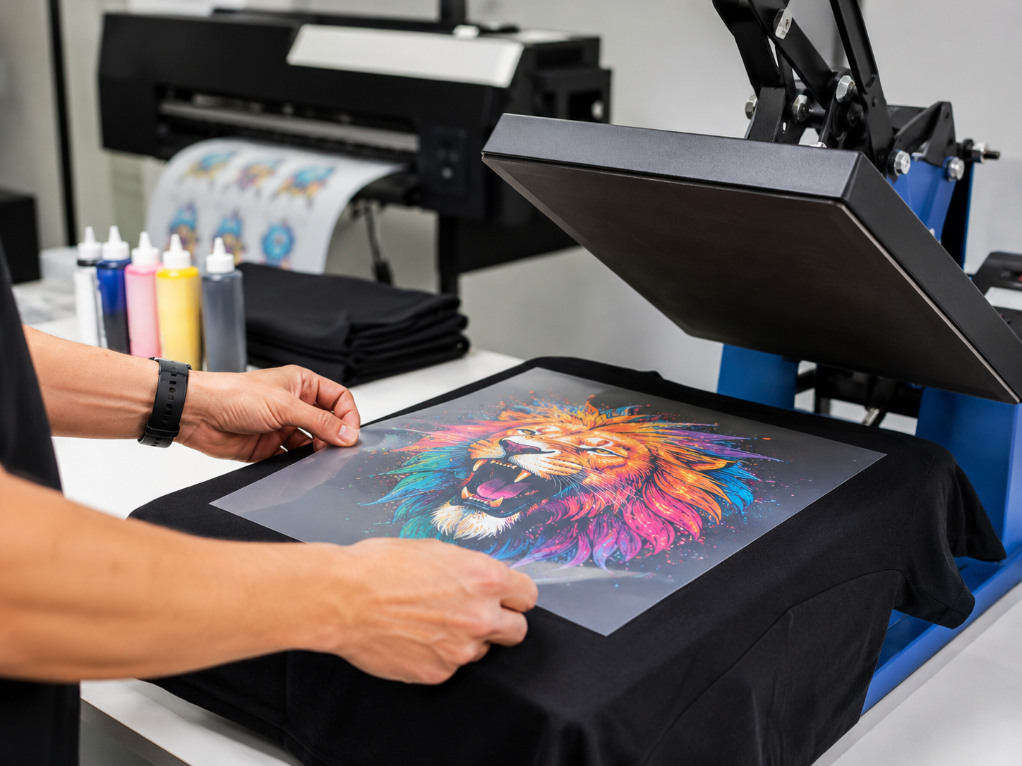 DTF transfer positioned on a black shirt beneath a commercial heat press