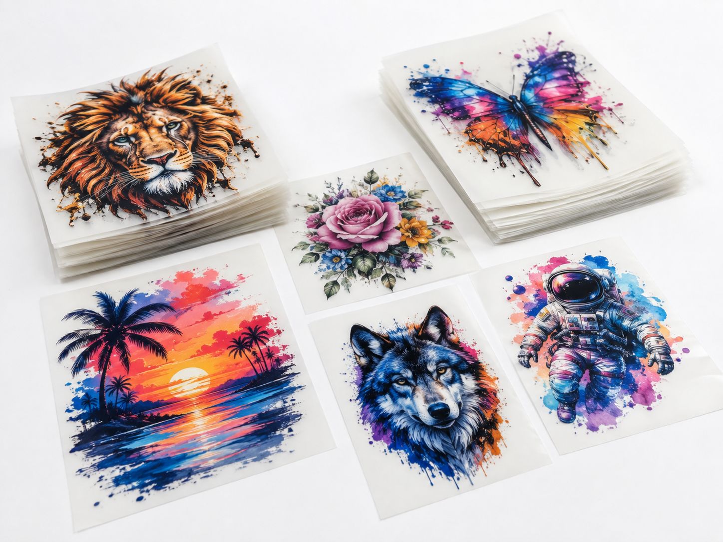 Individual colorful DTF transfers printed with clean transparent edges